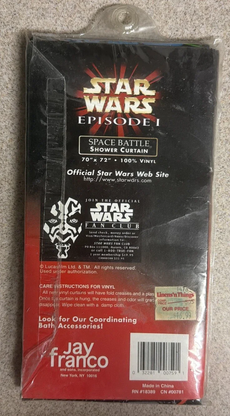 Vintage 1999 Star Wars Episode I Space Battle Vinyl Shower Curtain NOS Sealed